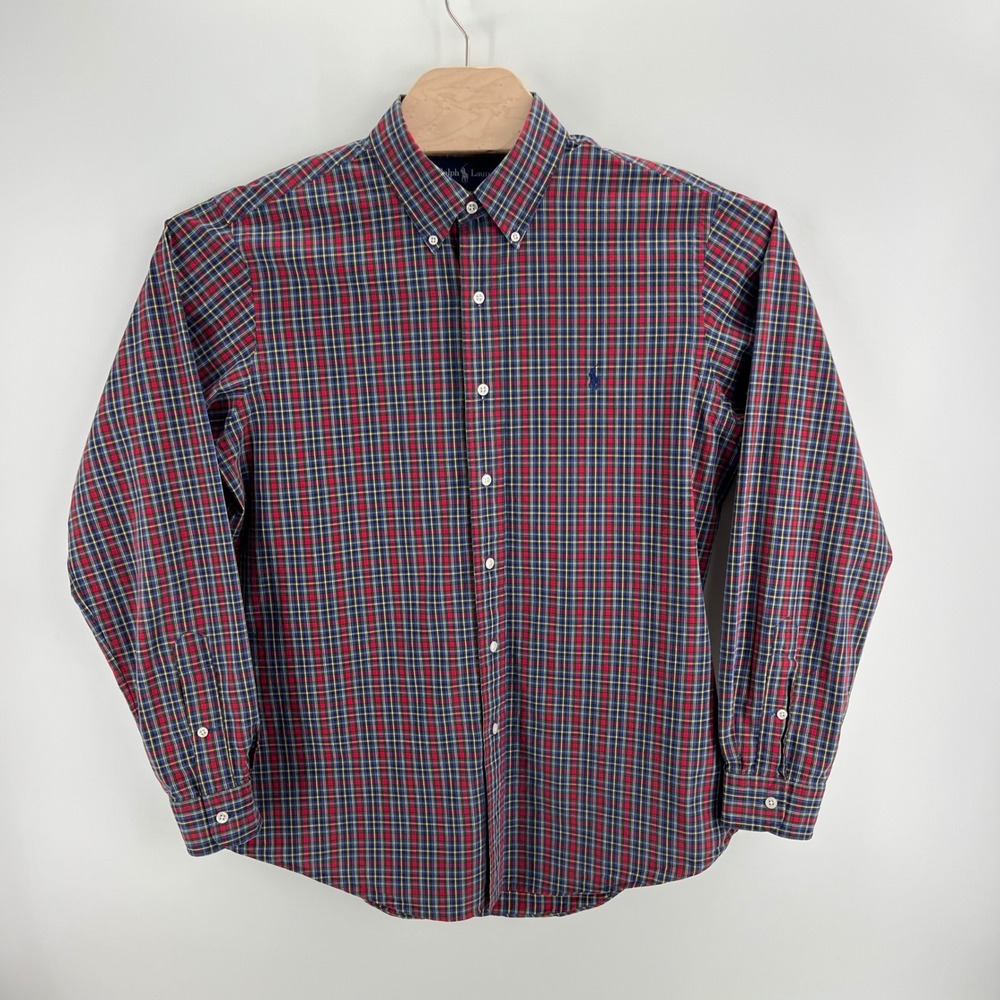 Ralph Lauren Custom Fit Plaid Button Down Size L Cotton Red Blue Preppy Classic